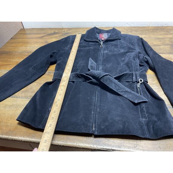 G-III Vtg Suede Jacket Women Medium Black 100% Leather Coat Quilted Belt Y2K 90s - Picture 6 of 11